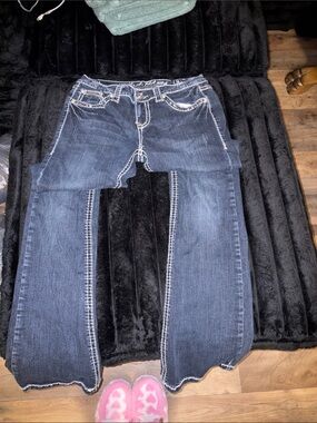 L.A. idol Dark Blue Boot Cut Jeans with White Contrast Stitching